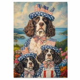 Mother English Springer Spaniel with Three Puppies in Patriotic Outfits and Hats on Ready to Hang 1.5" Thick Canvas Wrap, Floating Framed Canvas, Flat Rolled Canvas